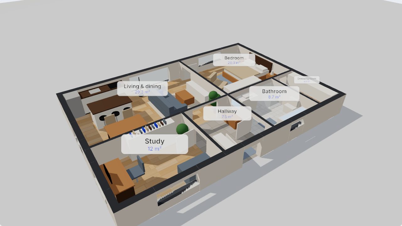 3D dollhouse view of an example flat